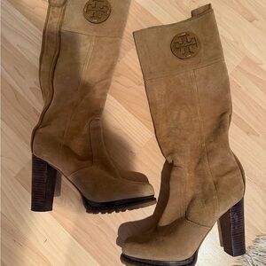 Tory Burch Tan Suede Block-Heel Mid-Calf Boots